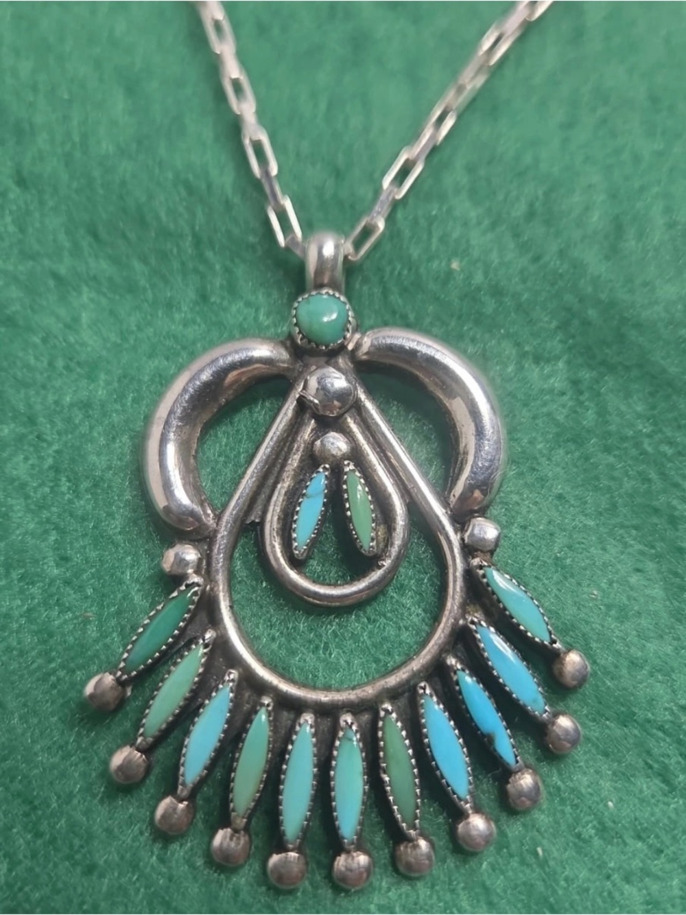Sterling Zuni Turquoise Needlepoint Marquise Fan Pendant Necklace- signed